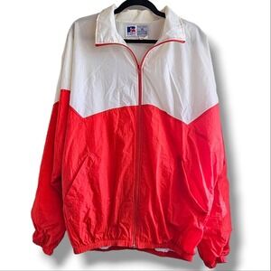 Vintage 90s Russell Athletic Wind Breaker Red White Color Block Zip-Up Jacket